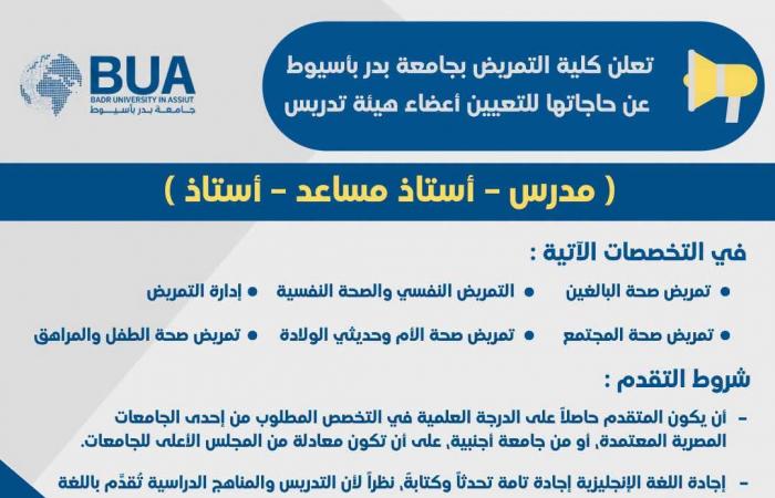 بالبلدي: جامعة
      بدر
      بأسيوط
      تعلن
      عن
      حاجتها
      إلى
      أعضاء
      هيئة
      تدريس..
      وظيفة
      جامعة