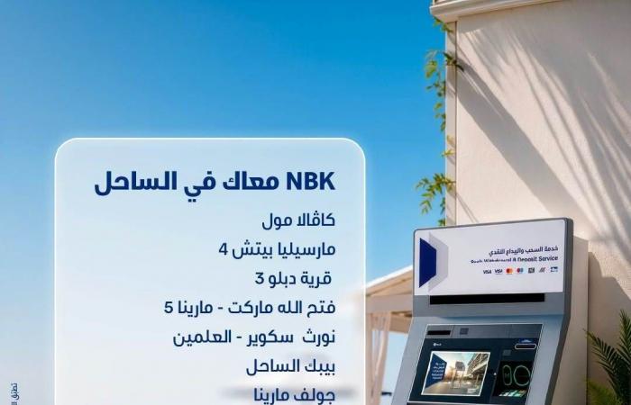 بالبلدي : بنك
      الكويت
      الوطني
      -
      مصر
      يوفر
      أكثر
      من
      25
      ماكينة
      صراف
      آلي
      في
      الساحل
      الشمالي