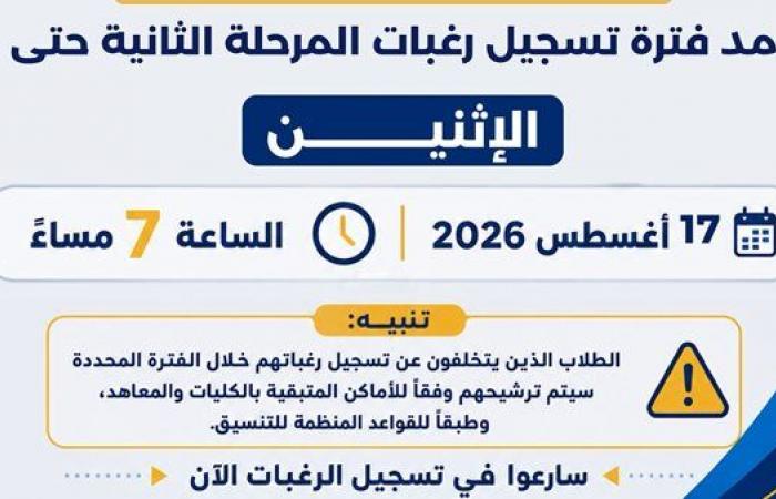 بالبلدي: التعليم
      العالي
      تمد
      تسجيل
      رغبات
      المرحلة
      الثانية
      يومًا
      إضافيًا..
      الموعد
      الجديد
      غدًا