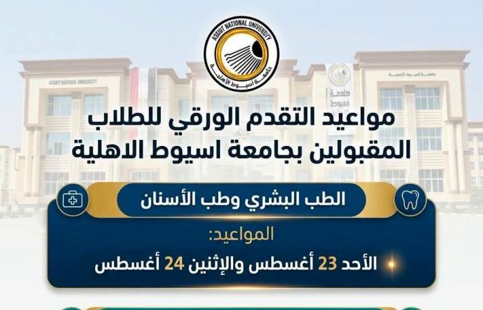 بالبلدي: جامعة
      أسيوط
      الأهلية
      تعلن
      نتيجة
      المرحلة
      الأولى
      للقبول
      2026..
      تعرف
      على
      الحد
      الأدنى
      ومواعيد
      القيد