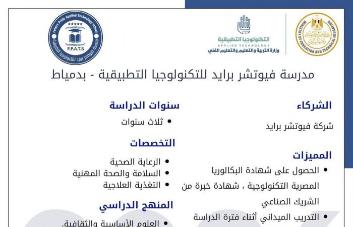 بالبلدي : قبل
      التقديم..
      تعرف
      على
      تخصصات
      مدرسة
      فيوتشر
      برايد
      للتكنولوجيا
      التطبيقية
      بدمياط