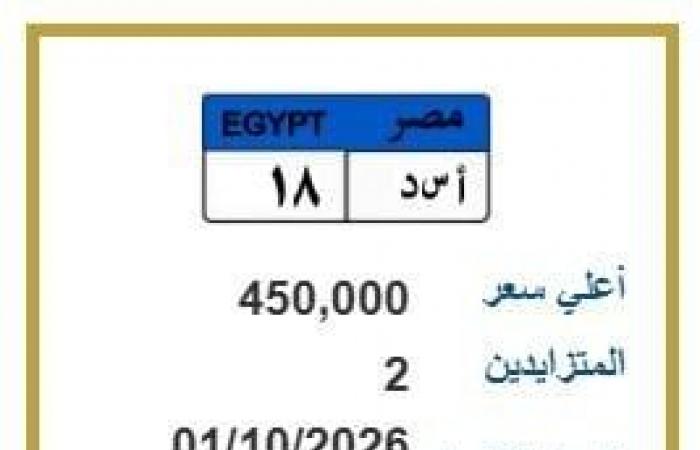 بالبلدي: «أسد
      18»..
      منافسة
      شرسة
      على
      لوحة
      سيارة
      مميزة
      عبر
      بوابة
      مصر