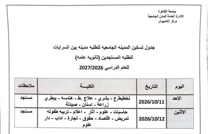بالبلدي : جامعة
      القاهرة
      تعلن
      مواعيد
      تسكين
      المدن
      الجامعية
      للعام
      الدراسي
      2026-2027