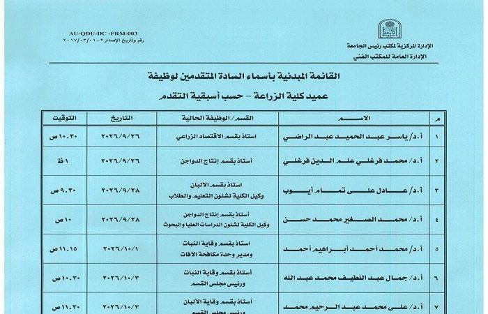بالبلدي: جامعة
      أسيوط
      تعلن
      7
      متنافسين
      على
      منصب
      عميد
      كلية
      الزراعة