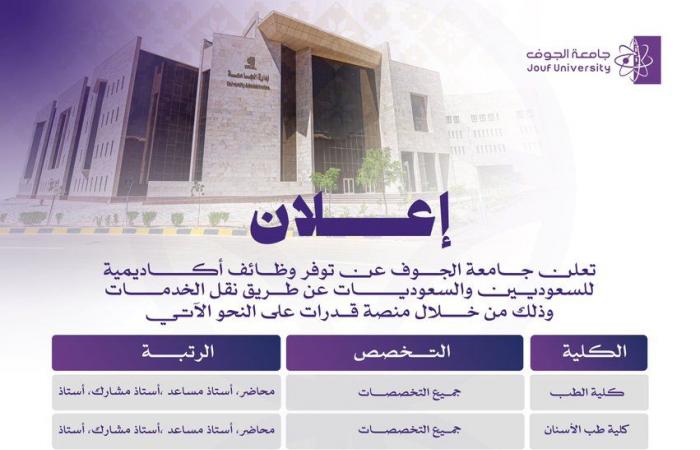 بالبلدي: جامعة
      الجوف
      بالسعودية
      تعلن
      حاجتها
      إلى
      أعضاء
      هيئة
      التدريس
      في
      8
      كليات..
      وظيفة
      جامعة